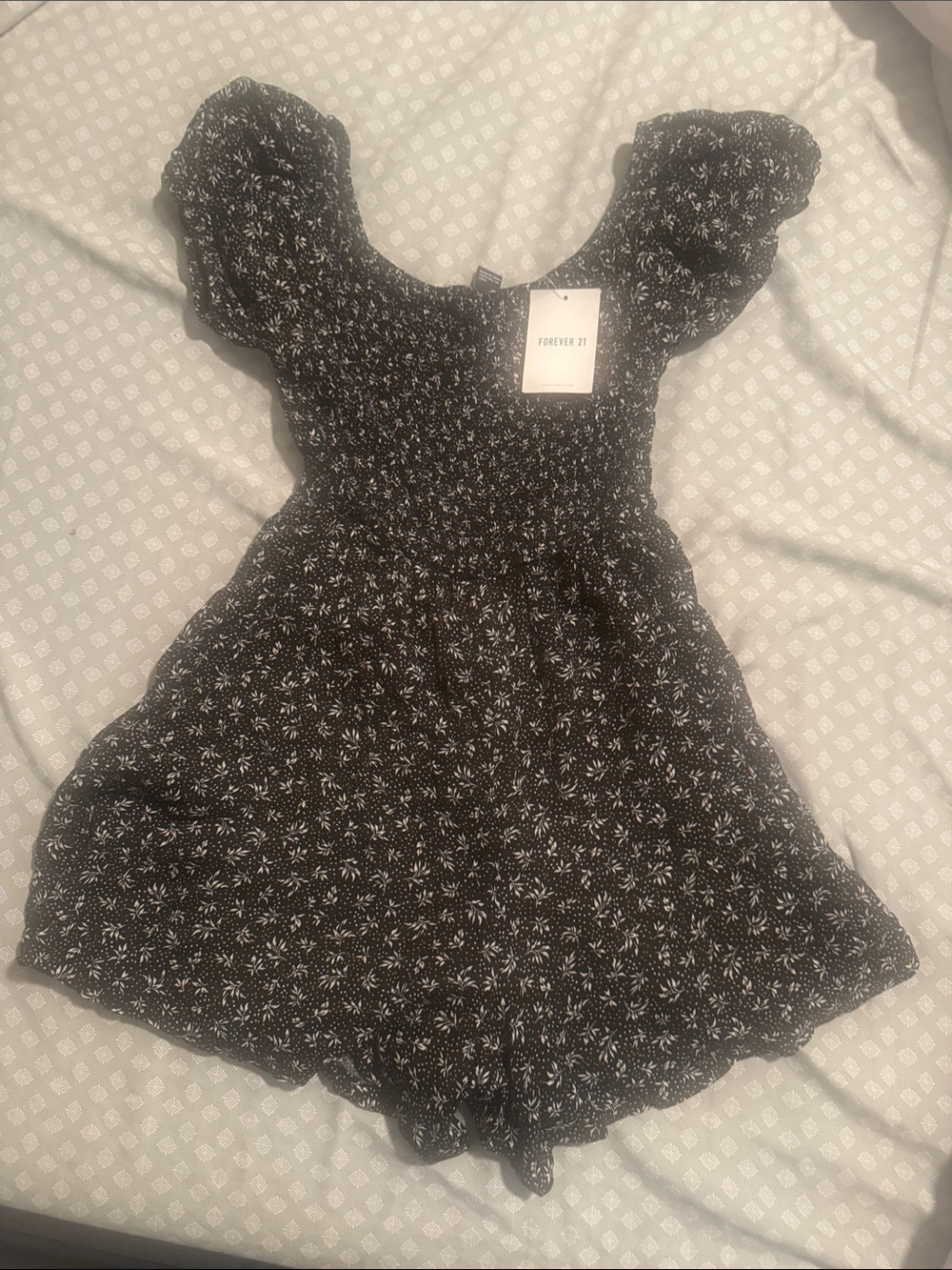 Forever 21 Black Floral Puff-Sleeve Romper